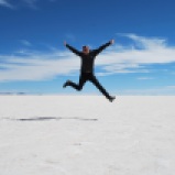 Jeremy jumps for joy, Salar de Uyuni, Bolivia.