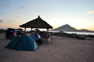 Setting up camp, Pan de Azucar national park, Chile.