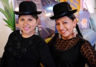 Models pose before the 'pasarela, cholita fashion show, El Alto, La Paz.
