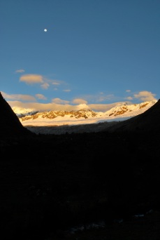 The moon was still up when we were getting ready to leave in the morning. Santa Cruz trek, Cordillera Blanca, Peru