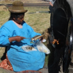 Buying baked trout for lunch, Peru.