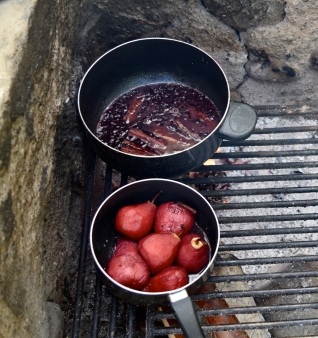Making pears poached in red wine on the BBQ, Christmas 2014, Esquel, Argentina.