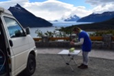 Sharon gets the snacks ready on our drive back from the Perito Moreno glaciar, Argentina.