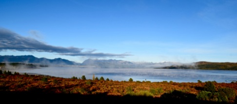Early morning mist over Lago Nahuel Huapi, Argentina.