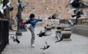 A little boy takes on the pigeons with gusto, Cordoba.